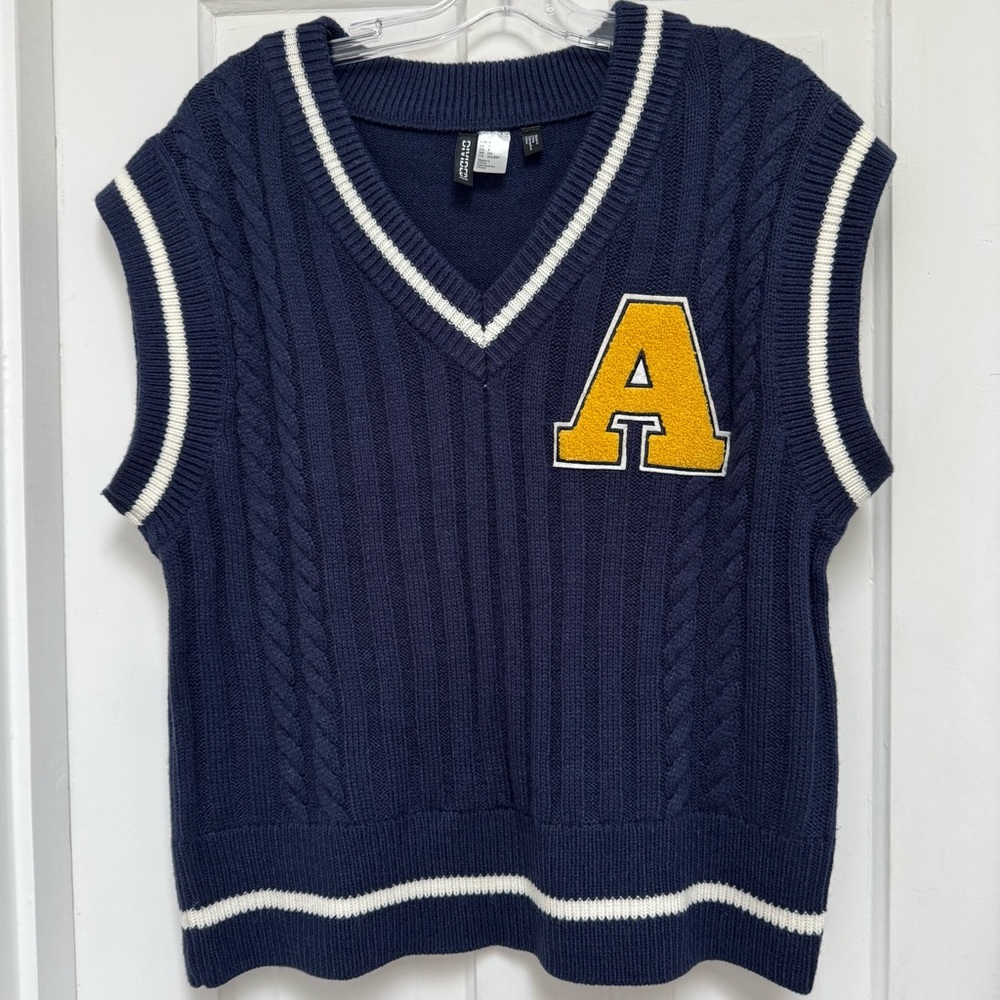 Letterman V-Neck Sweater Vest Small Oversized Navy Blue